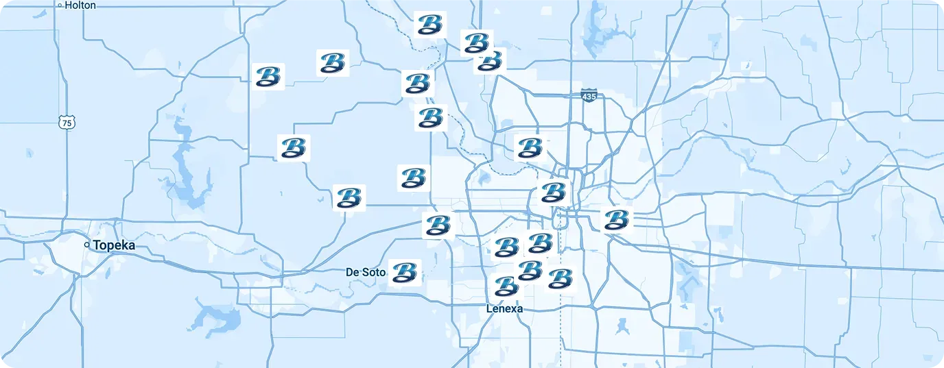 Map of the Kansas City metro dotted with Mr. Breeze B pins marking the service area